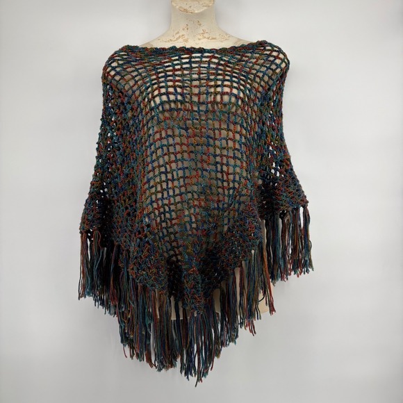 Womens Crochet Poncho Sweater Multi Color Fringe Boho Casual  Handmade OSFM - Picture 2 of 7